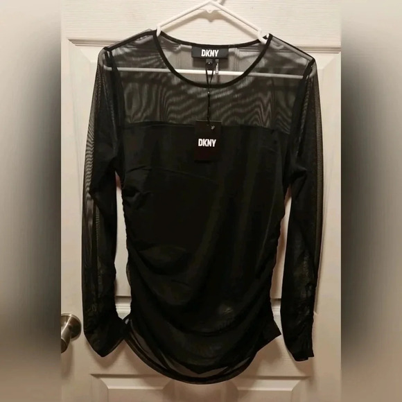 DKNY Mesh Sheer Top Gathered  Long Sleeve Lined Ruched Black size L - Picture 2 of 9